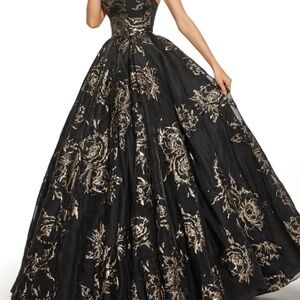 Sherri Hill Black and Gold Floral Prom DressSherri Hill Prom Dress